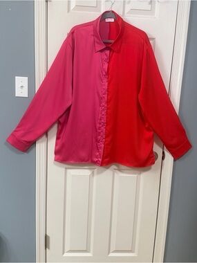 Pink Lily Two-Tone Satin Shirt in Fuchsia and Red